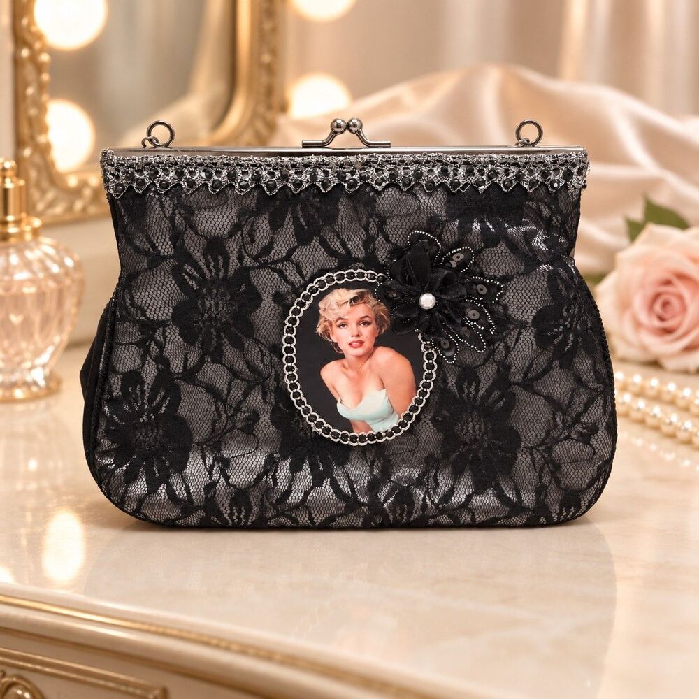 Marilyn Monroe Black Lace Evening Bag Kiss Lock Frame Purse Preowned Cameo